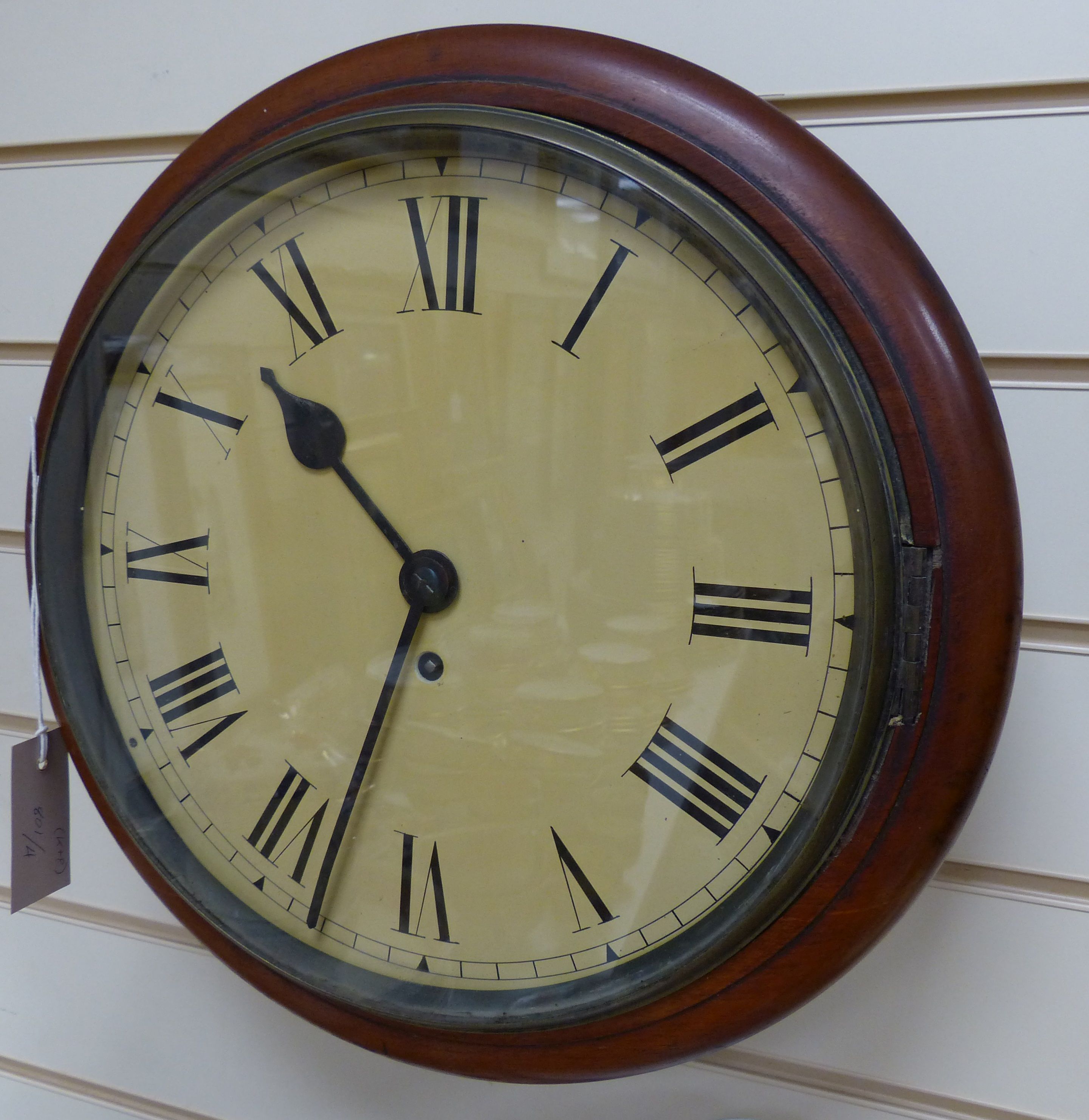 A late Victorian mahogany dial clock (key and pendulum), diameter 38cm